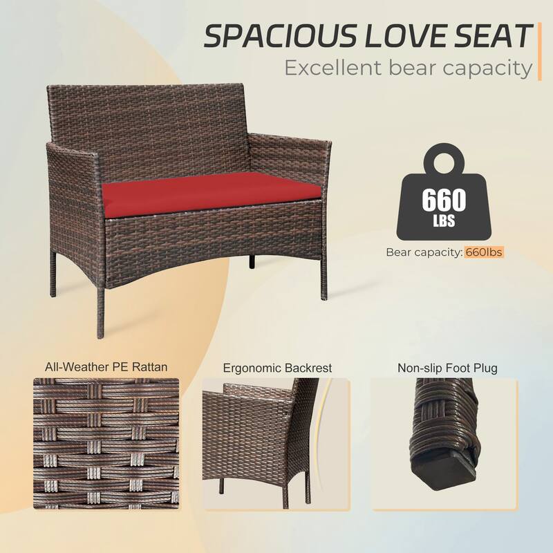 4 Piece Outdoor Patio Furniture Set With Cushions, Patio Wicker Conversation Set & Glass Coffee Table