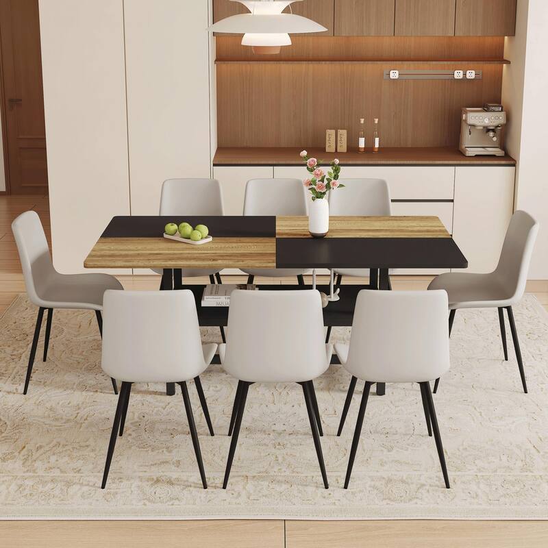 9-Piece Dining Table Set.71*35.4 inch Wooden And Spliced Dining Table With 8 Warm Light Gray PU Chairs