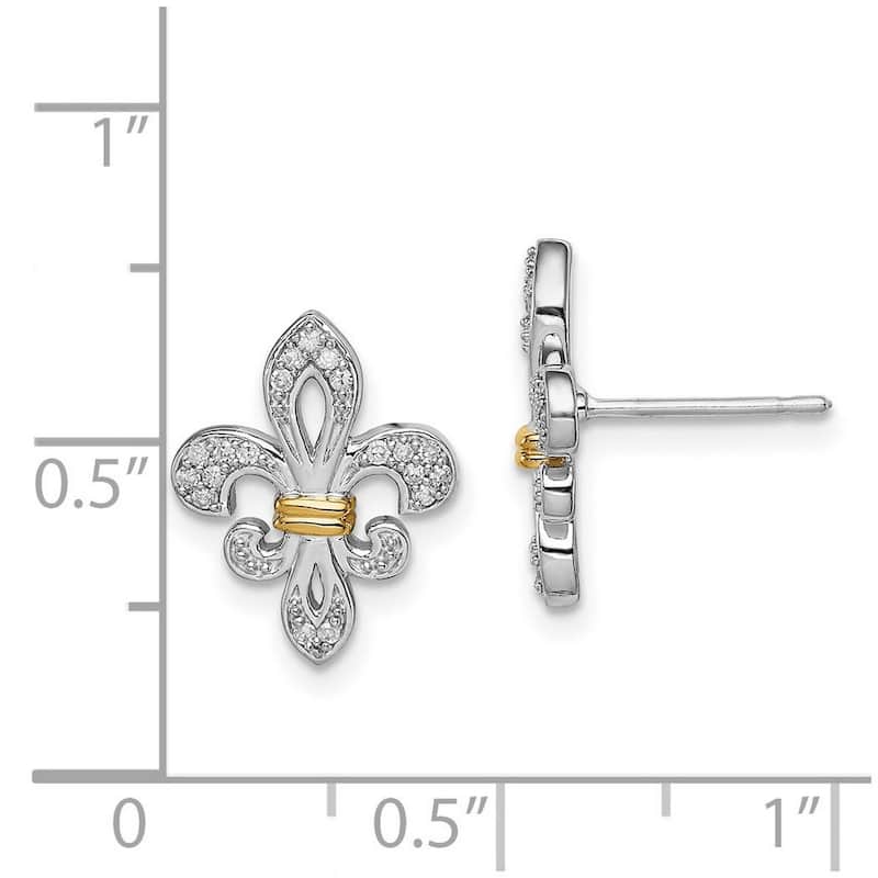 Curata 925 Sterling Silver Polished and 14k Yellow Gold Diamonds Fleur De Lis Post Earrings - 15x11mm Wide