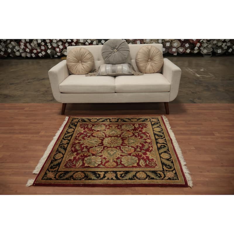 Hand Knotted Oriental 100% Wool Carpet Traditional Floral Red Agra Area Rug - 4' 1'' X 3' 11''