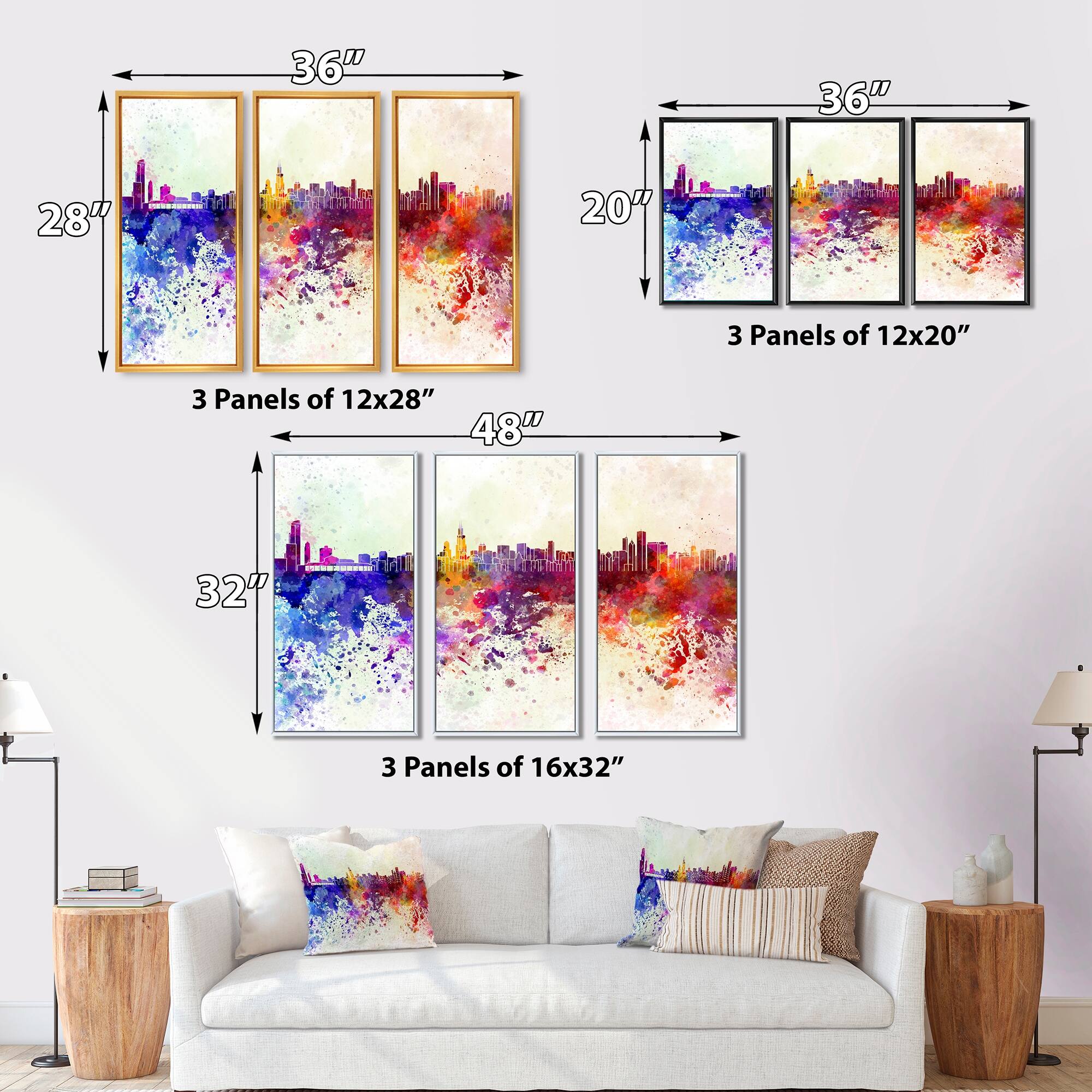 Designart "Chicago Skyline" Cityscape Framed Canvas Wall Art Print Set