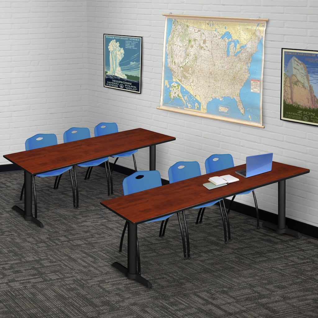 84" x 24" Training Table- Cherry & 3 'M' Stack Chairs- Blue