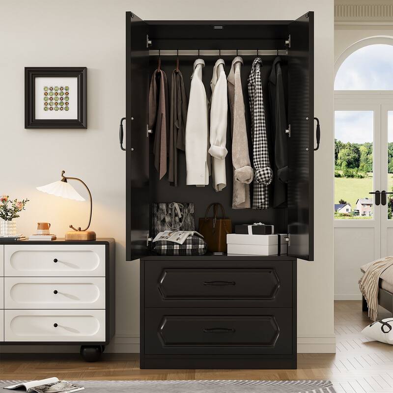69" Wooden Armoire Wardrobe Closet with Drawers, Modern Bedroom Storage Cabinet with Hanging Rod