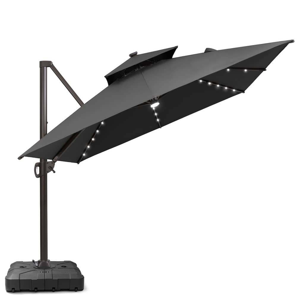 9x11 FT Daul Top Aluminum Outdoor Patio Cantilever Umbrella Solar LED Lighted with Wheel Base