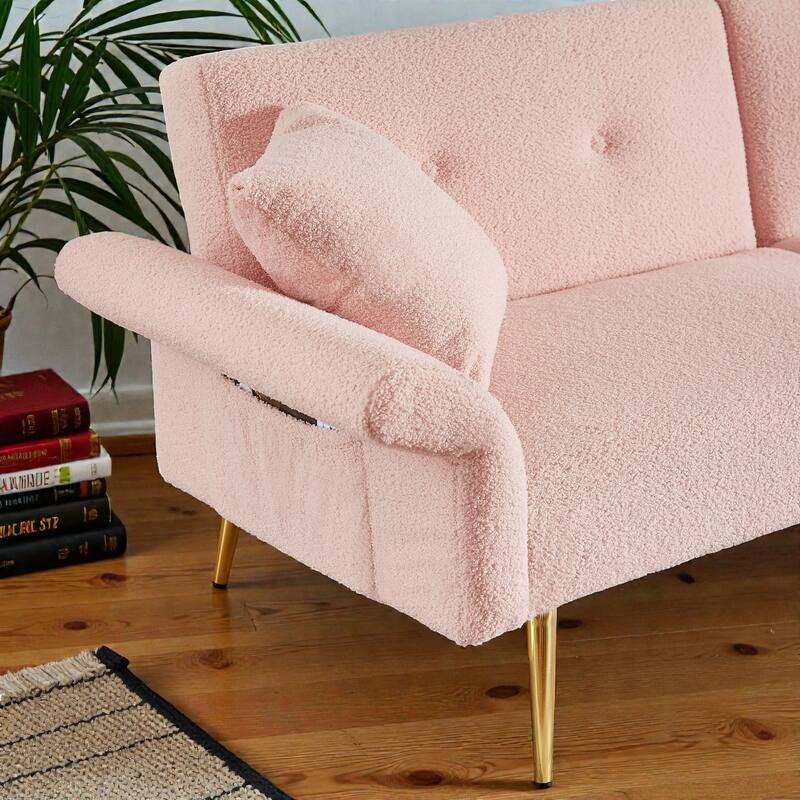 Modern Teddy Loveseat Sofa with Side Pocket, Folding Sleeper Sofa Bed with Adjustable Backrest and Golden Metal Legs