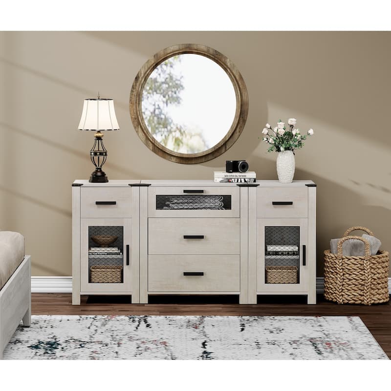 WAMPAT TV Stand with 5 Drawers and 2 Door Storage, Dresser Organizer Units with Adjustable Shelf - 1 Pack - Antique White
