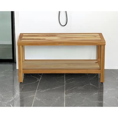 HomeRoots 36" Natural Solid Teak Rectangular Shower Bench With Shelf