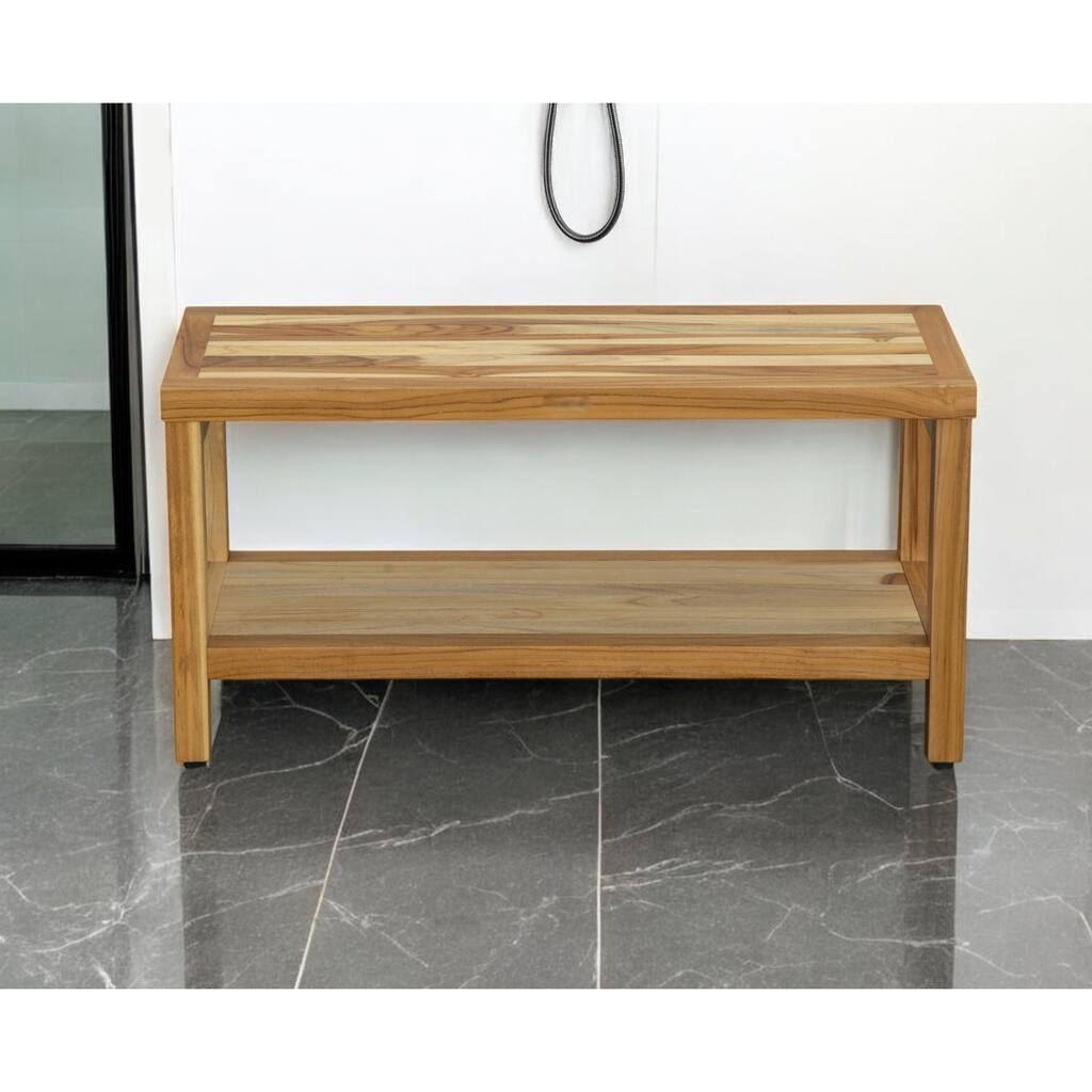 HomeRoots 36" Natural Solid Teak Rectangular Shower Bench With Shelf