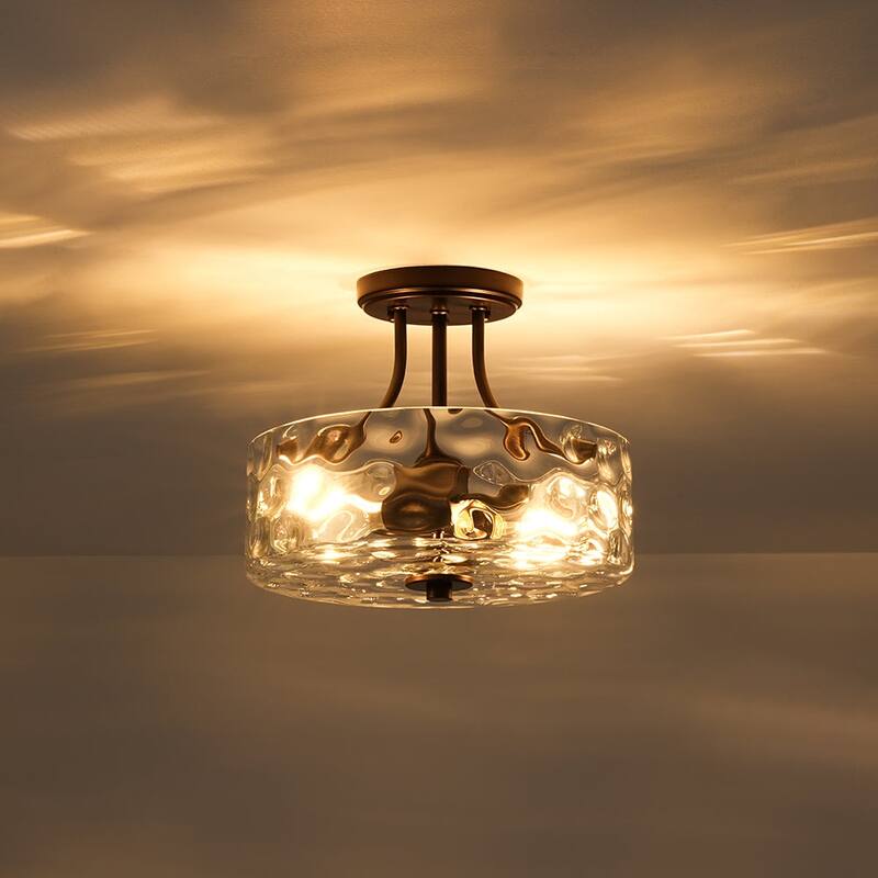 Nickel 2-Light Water Glass Round Semi Flush Ceiling Light - 11.8in