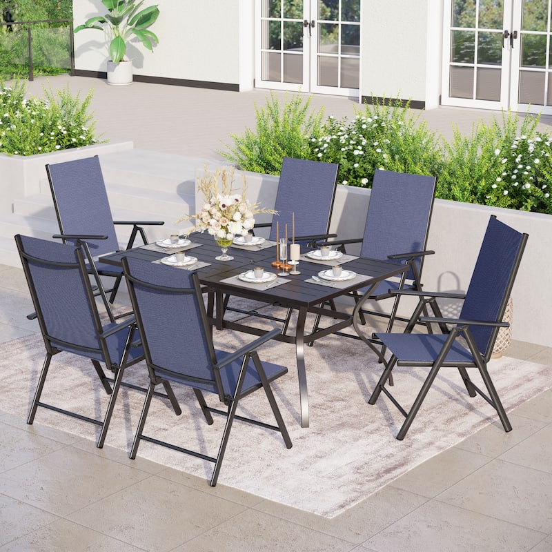 Outdoor 5/7-Piece Patio Dining Set, 7-positon Reclining Folding Sling Chair & E-Coating Metal Steel Table - 7-Piece-Blue