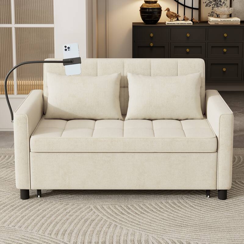 Chenille Luxe Loveseat Sofa Bed with Reversible Backrest, USB Charging, Adjustable Phone Holder by Harper&Bright Designs