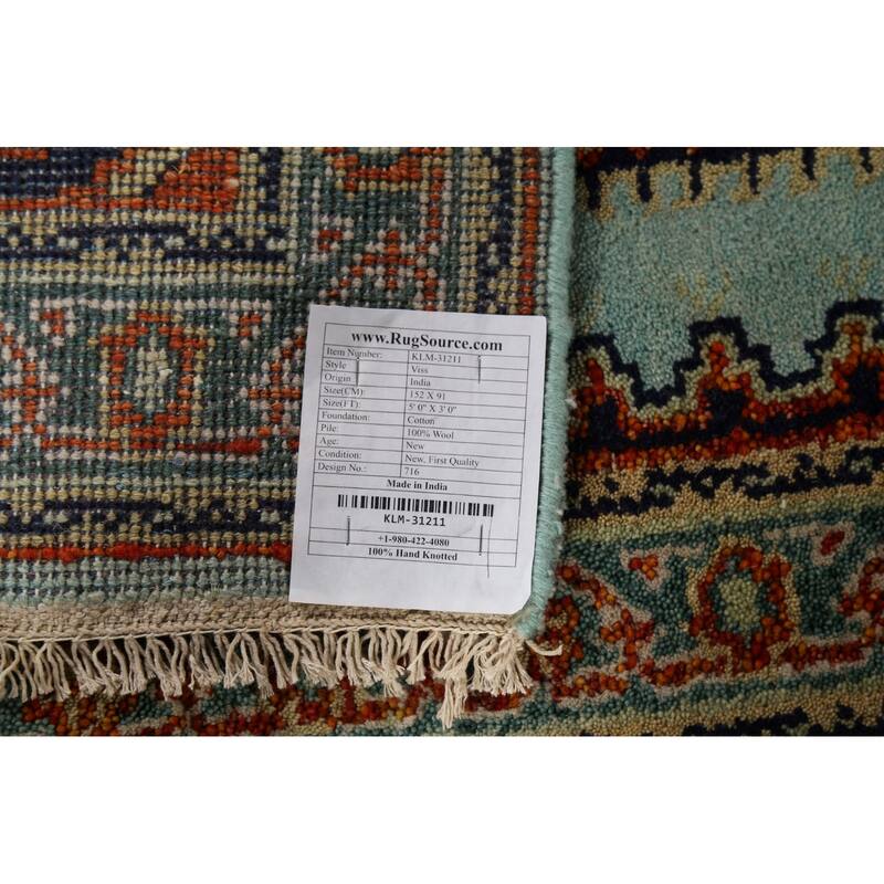 Turquoise Geometric Viss Indian Accent Rug Hand-Knotted Wool Carpet - 3'0"x 5'0"