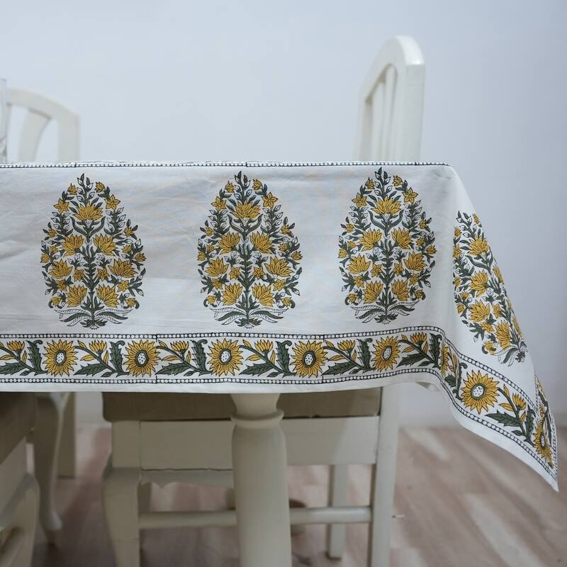 Fabdivine Handmade Block Print Cotton Brown Table Cover or Cloth Dining, Farmhouse & Kitchen Décor - 60"X108" - Madhav- Dark Grey, Yellow
