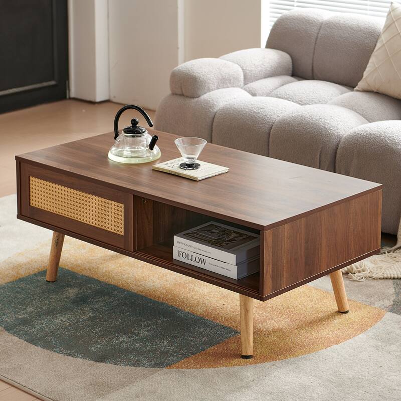 Anmytek Rattan Coffee Table with Storage Modern Walnut Living Room Centerpiece Organizer