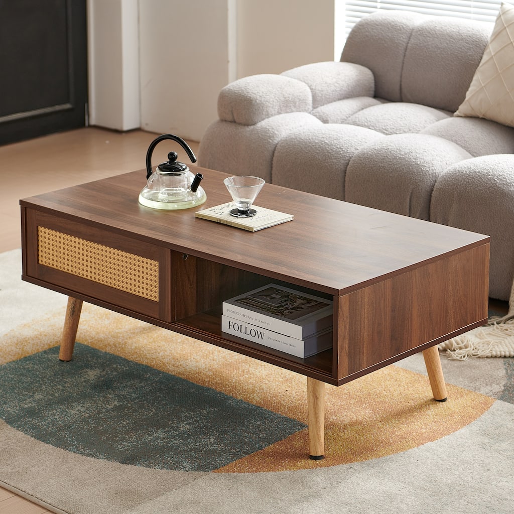 Sliding Door Center Table Coffee Table Console Table, Walnut