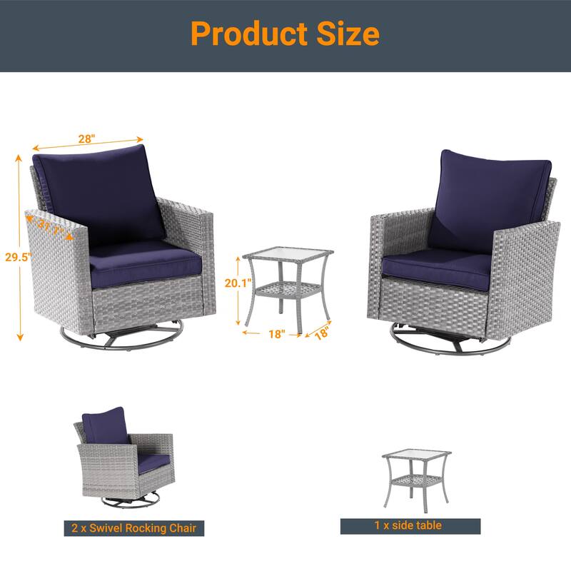 LIVOOSUN 3-Piece Patio Sofa Set Outdoor Rattan Swivel Rocking Chair Glass Table