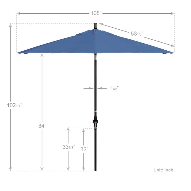 California Umbrella 9' Rd Golden State Series Patio Umbrella Bronze Aluminum Frame Crank Lift Collar Tilt Olefin Royal Blue