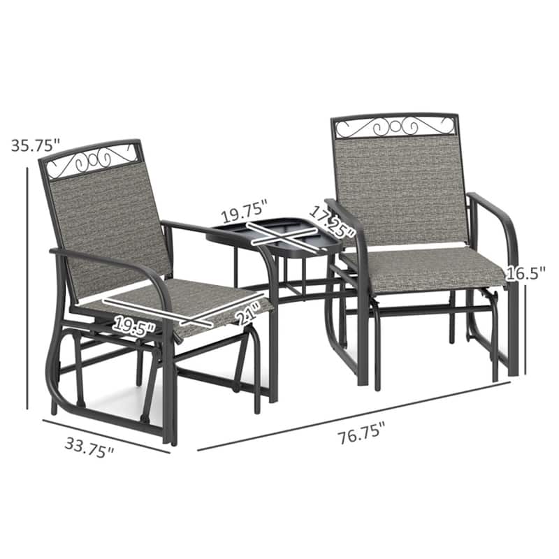 Two Seater Outdoor Glider with Table Steel Frame Tempered Glass and Mesh Fabric - 76.75" L x 33.75" W x 35.75" H