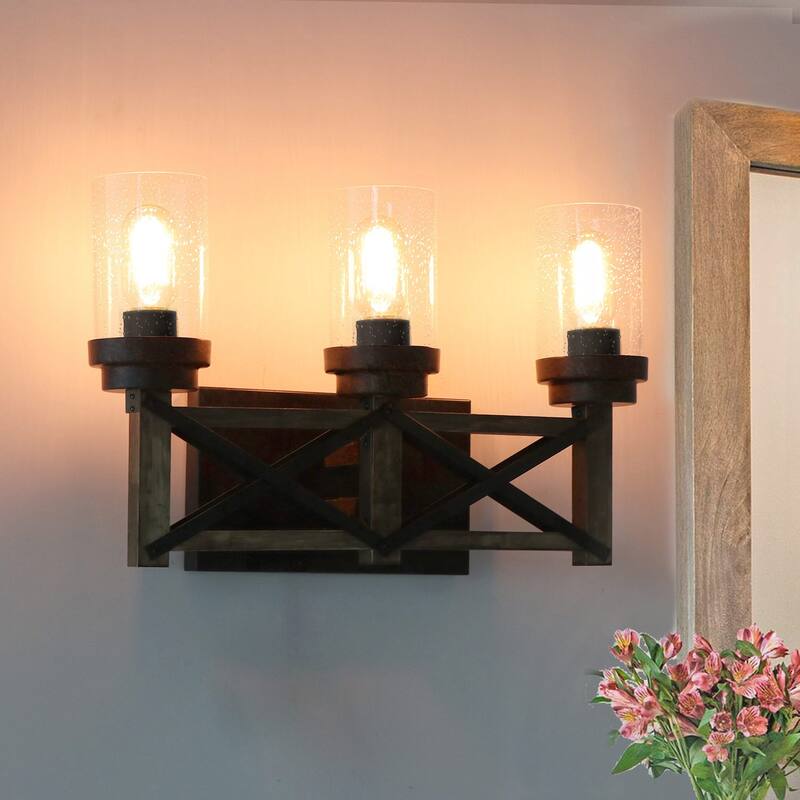 Farmhouse 3-Light Distressed Wood Bathroom Vanity Light Linear Wall Sconces with Cylinder Glass - 18.9" L x 6.3" W x 11.8" H