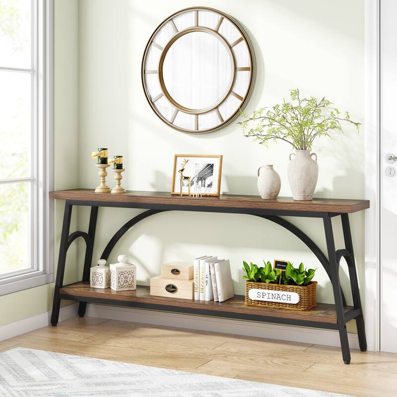 70.8” Extra Long Console Table, Narrow Sofa Tables with 2 Tier Storage Shelves