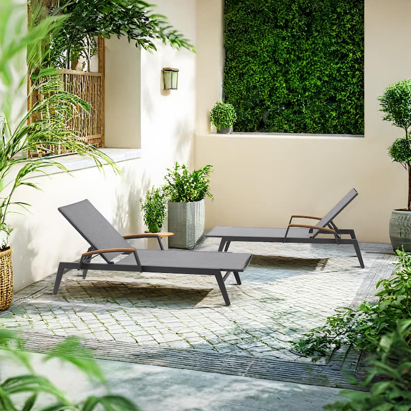 Outdoor Lounge Chairs with Adjustable Backrests and Teak Armrests - Grey