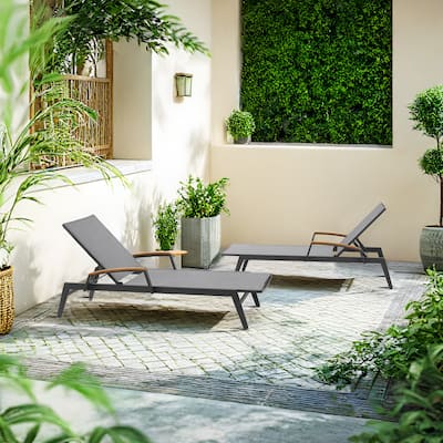 Outdoor Lounge Chairs with Adjustable Backrests and Teak Armrests