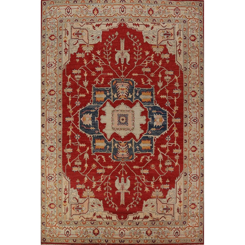 Geometric Heriz Serapi Vegetable Dye Area Rug Handmade Wool Carpet - 6'11"x 10'1"