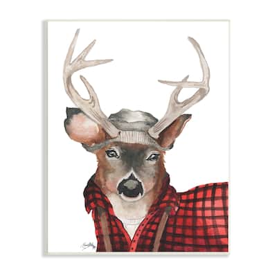Stupell Lumberjack Buck Deer with Beanie Red Plaid Wood Wall Art - Brown