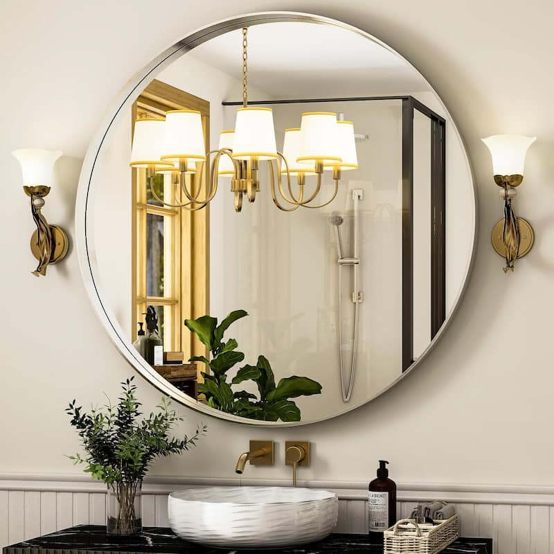 24 Inch Round Bathroom Mirror - Wall Mounted Circle Mirror with Metal Frame, Modern Mirror Suitable for Bathroom