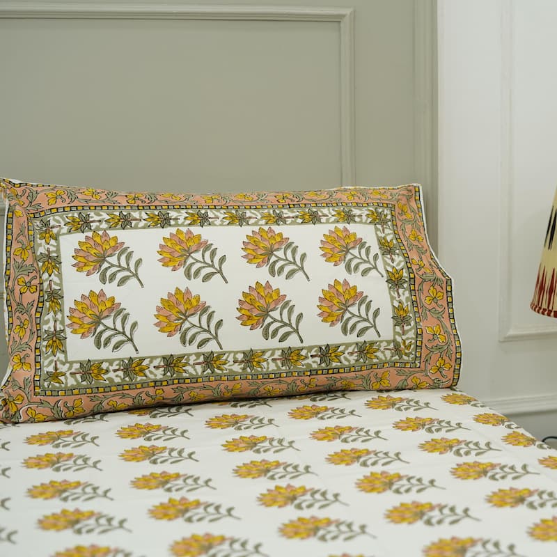 Fabdivine Cotton Hand Block Floral Flat Sheet Bed Room Home Décor Accent Gift