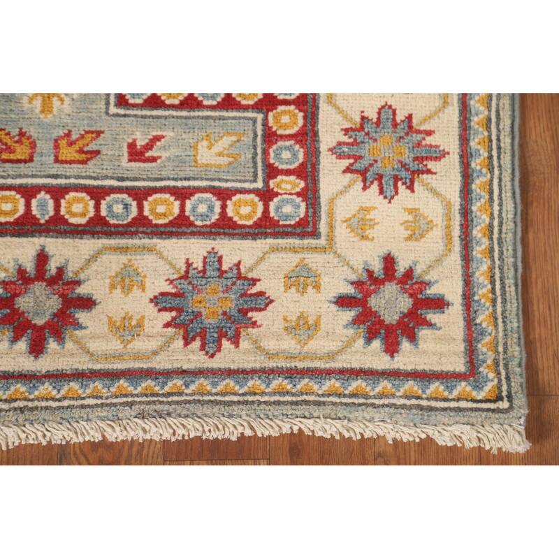 Geometric Kazak Runner Rug Handmade Traditional Blue Wool Carpet - 2'8" x 13'6"