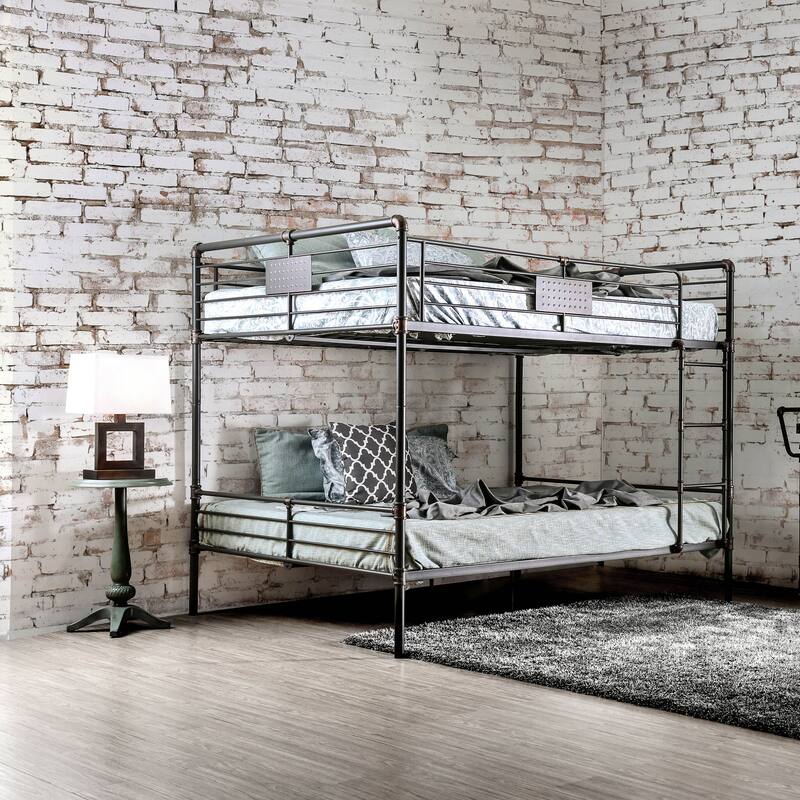 Wini Industrial Black 3-Piece Gel Memory Mattress & Metal Bunk Bed Set by Furniture of America - Queen over Queen - 8-inch Mattress