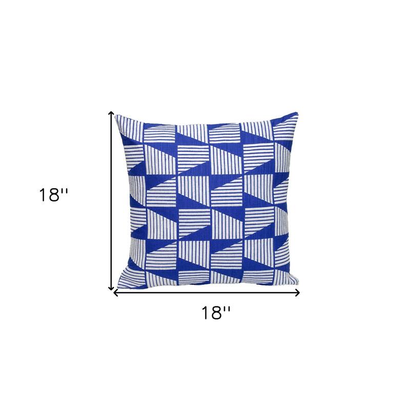 HomeRoots 18" Blue and White Geometric Cotton Throw Pillow With Embroidery