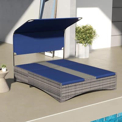 Rattan Double Chaise Lounge, Outdoor Daybed, Canopy, Table, Reclining