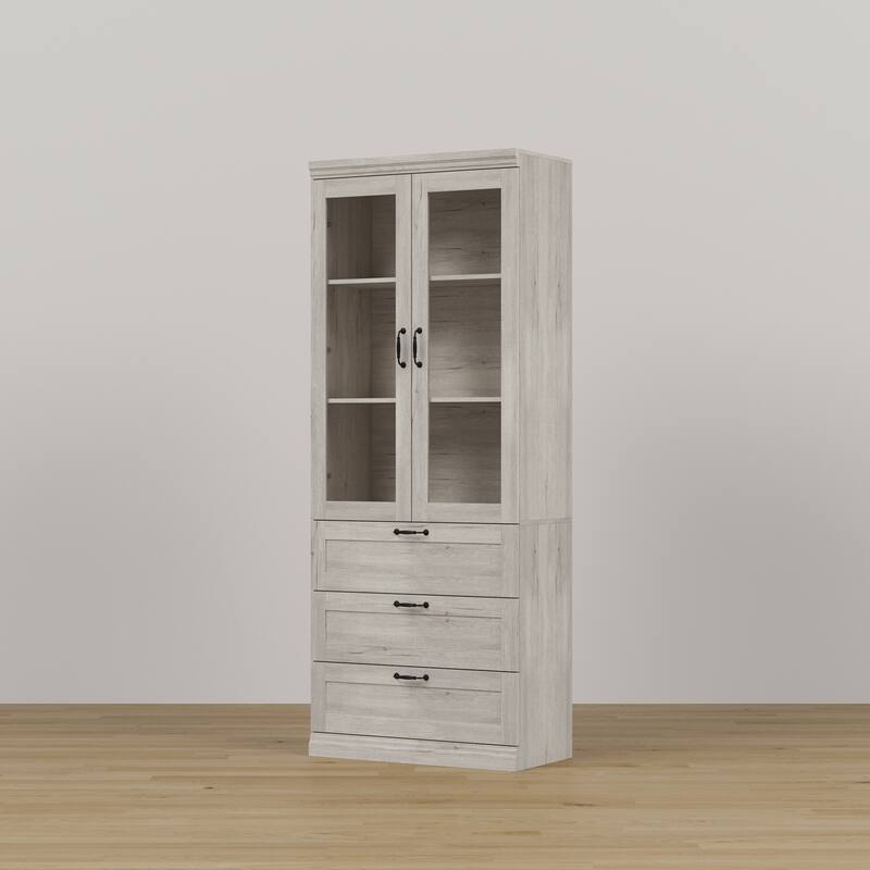 Bookcase Cabinet with Glass Doors and Drawers Multi-Purpose Storage Display Hutch for Living Room or Dining Room
