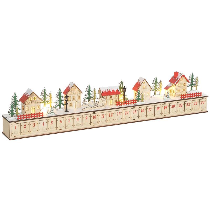 HOMCOM Christmas Calendar with 24 Drawers, Reusable Lighted Wood-Effect Countdown to Christmas Calendar with Village Scene - natrual