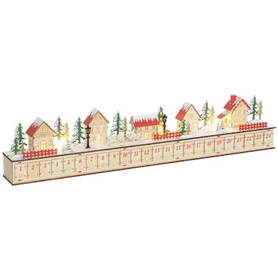 HOMCOM Christmas Calendar with 24 Drawers, Reusable Lighted Wood-Effect Countdown to Christmas Calendar with Village Scene