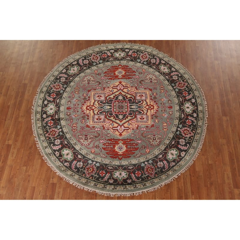 Geometric Heriz Serapi Oriental Round Area Rug Handmade Wool Carpet - 7'10"x 7'11"