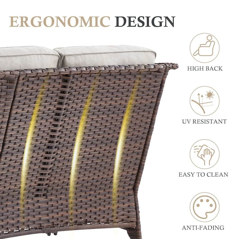 Arcadia 3-Seat Wicker Patio Sofa with 6-Inch Thick Cushions and 2 Ottomans