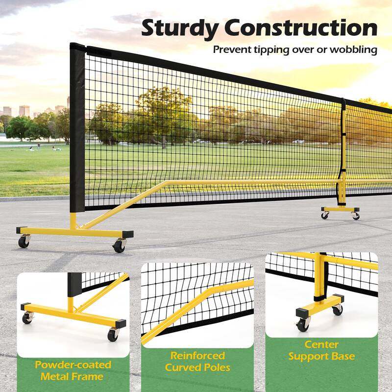 Black Portable 22 Feet PE Pickleball Net with Carry Bag and Lockable Wheels Metal Frame