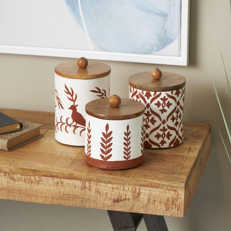 Ceramic Floral Canisters with Wood Lids - Set of 3 Red - Roche River Decor