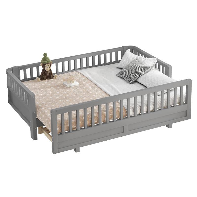 Twin XL Size Platform Bed with Guardrails, Solid Wood Twin XL Bed Frame, Can Be Converted into a Queen Platform Bed