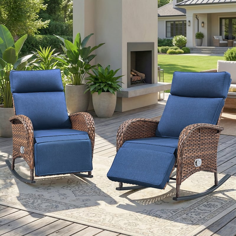 Pocassy Patio Versatile Outdoor Recliner Rocker Chair Table with Thick Cushion - Brown Wicker with Blue Cushion - 2-Piece Rocker Recliner Chair