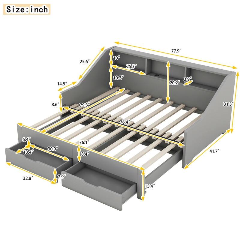 Twin to King Size Daybed Frame with Storage Bookcases and Two Drawers,Charging Design