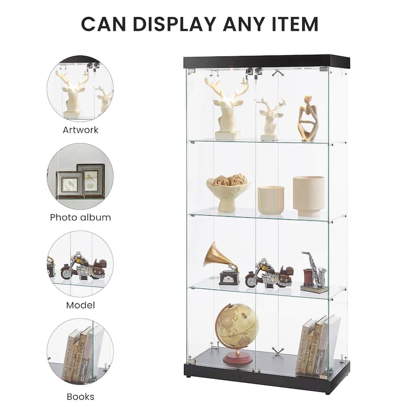 4-Tier Glass Display Cabinet, Double Door Glass Cabinet, Four Partitions, Two Locks, Floor Standing Storage Cabinet