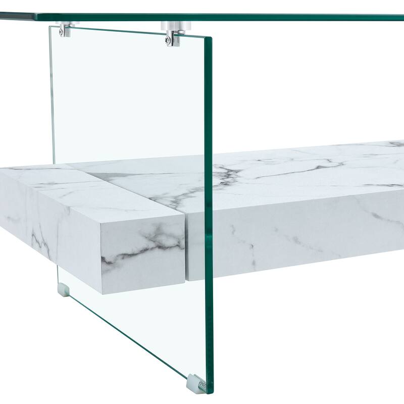 Roomfitters 43.3" Two-Tier Glass Coffee Table with Light Wood Shelf, Side Table or Display Stand