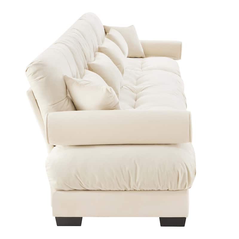 166" Velvet 4-Seater Sofa with Bolster Armrests, High-Resilience Sponge Cushions