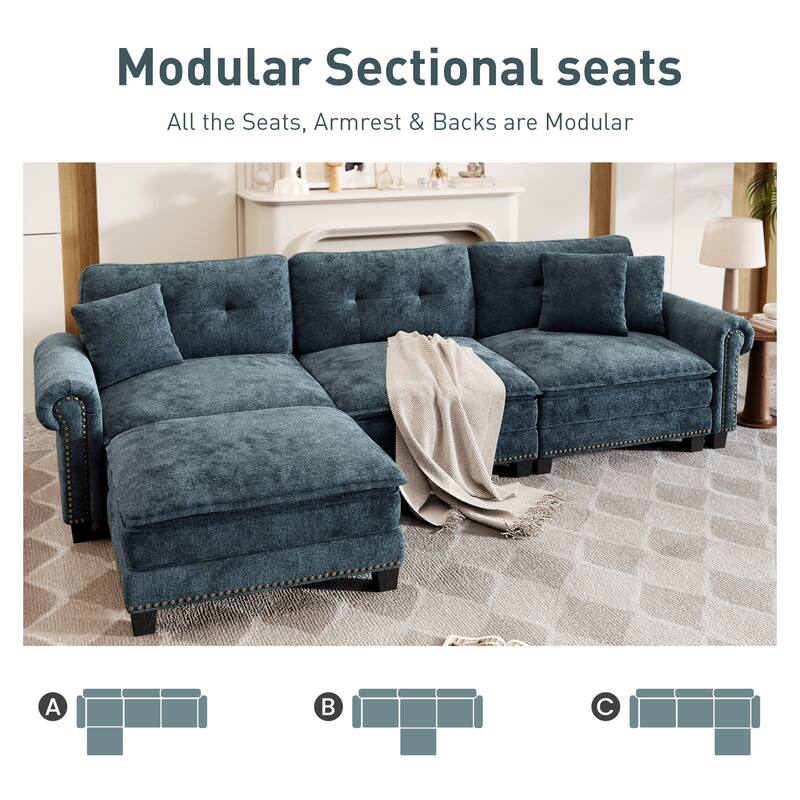 MAISON ARTS Mid-Century Modern Oversized L/U Shaped Cloud Couch with Ottoman, Deep Seat Sectional Sofa with Throw Pillows