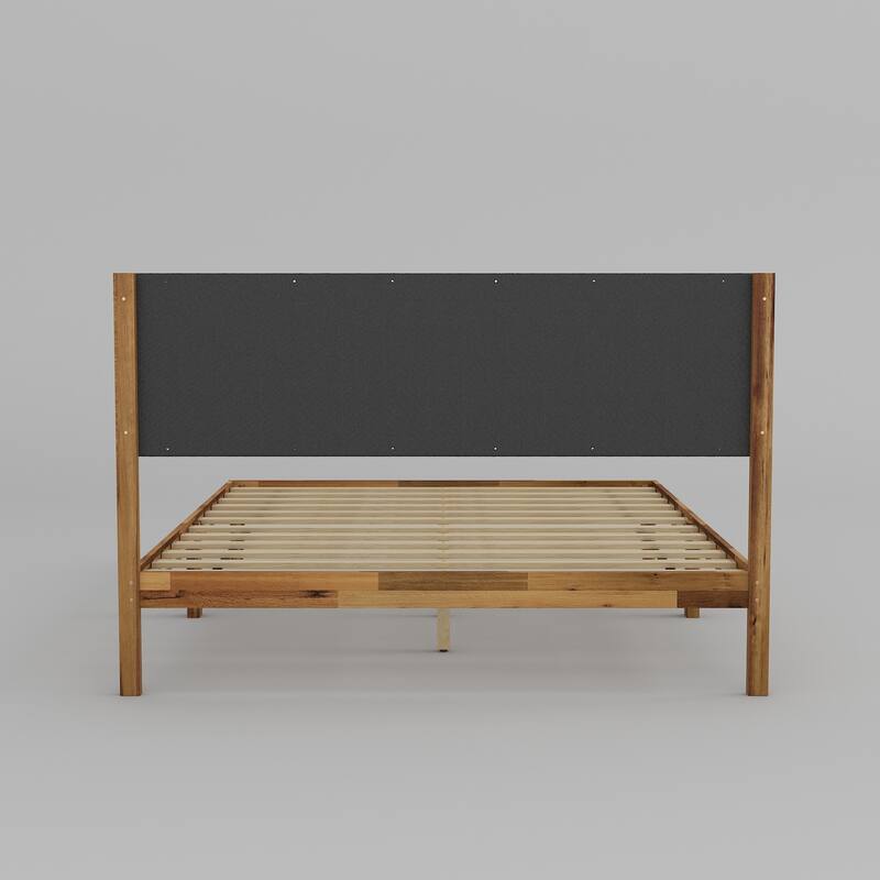 Acacia Wood Platform Bed Frame with Upholstered Headboard - Solid Wood Construction