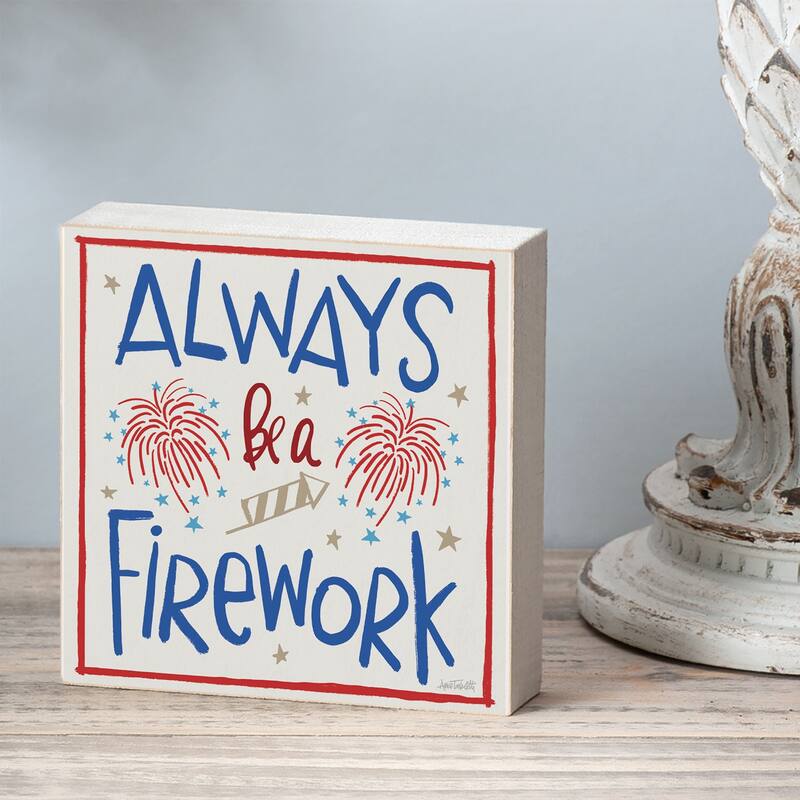 Firework Artistic Freestanding Solid Wood Block Sign Made in the USA 3.75” Square Decorative Accent for Home or Office - Multi